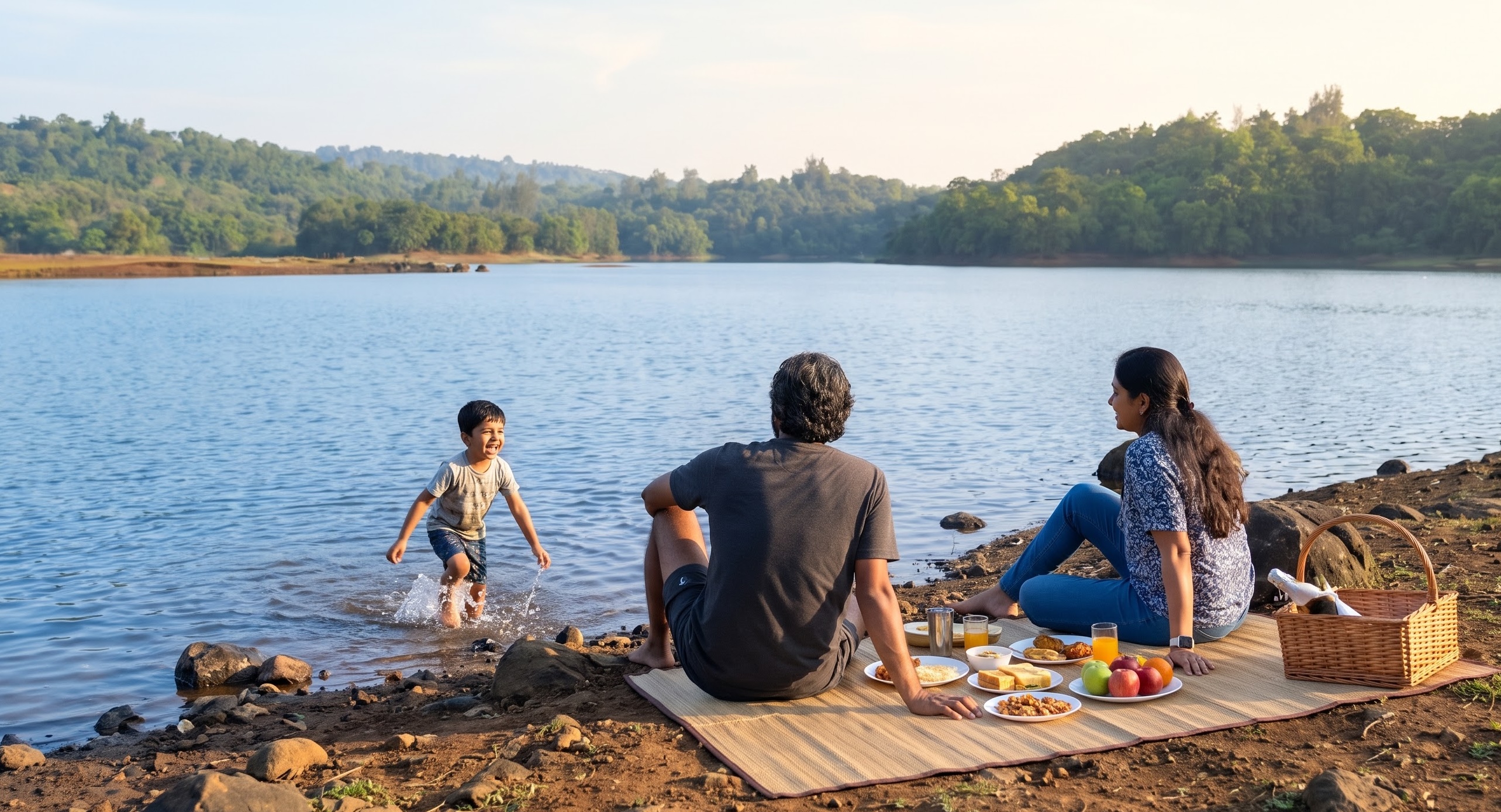 Family enjoying a picnic by the lake
