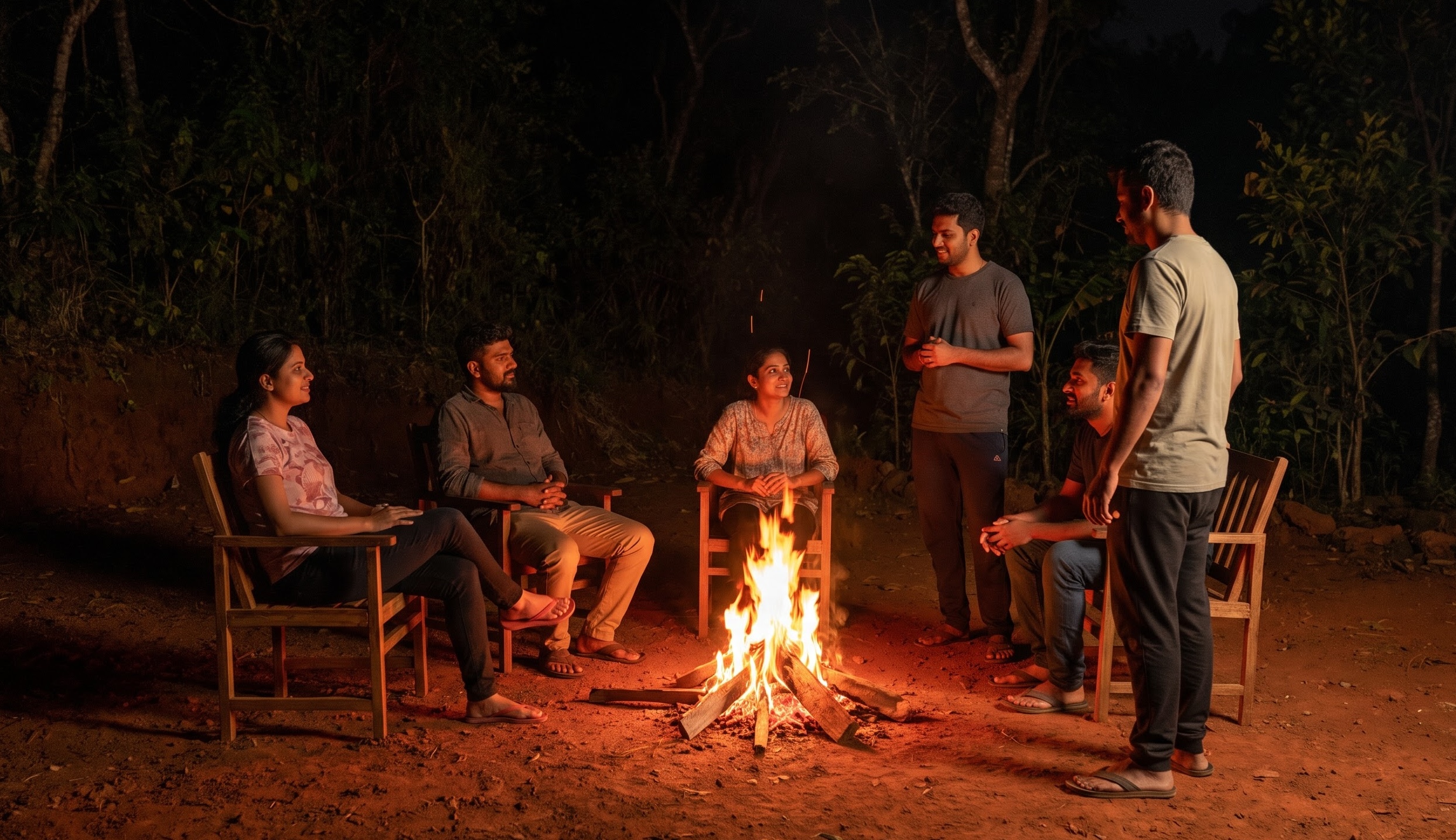 Friends gathered around a bonfire