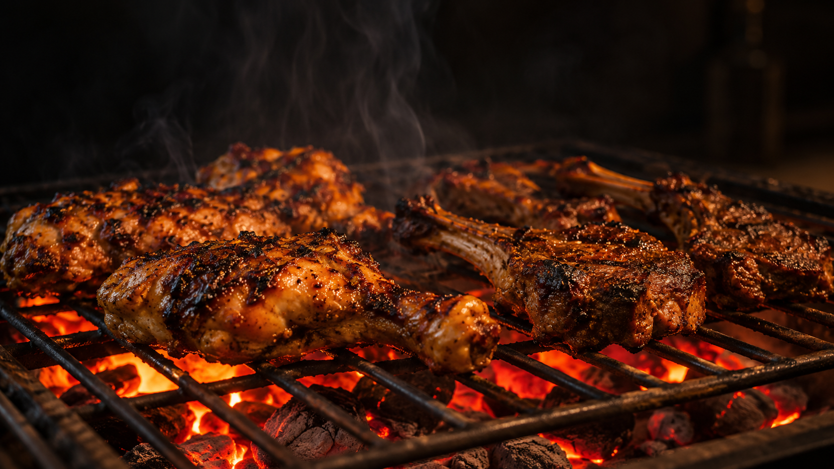 Food grilling over charcoal