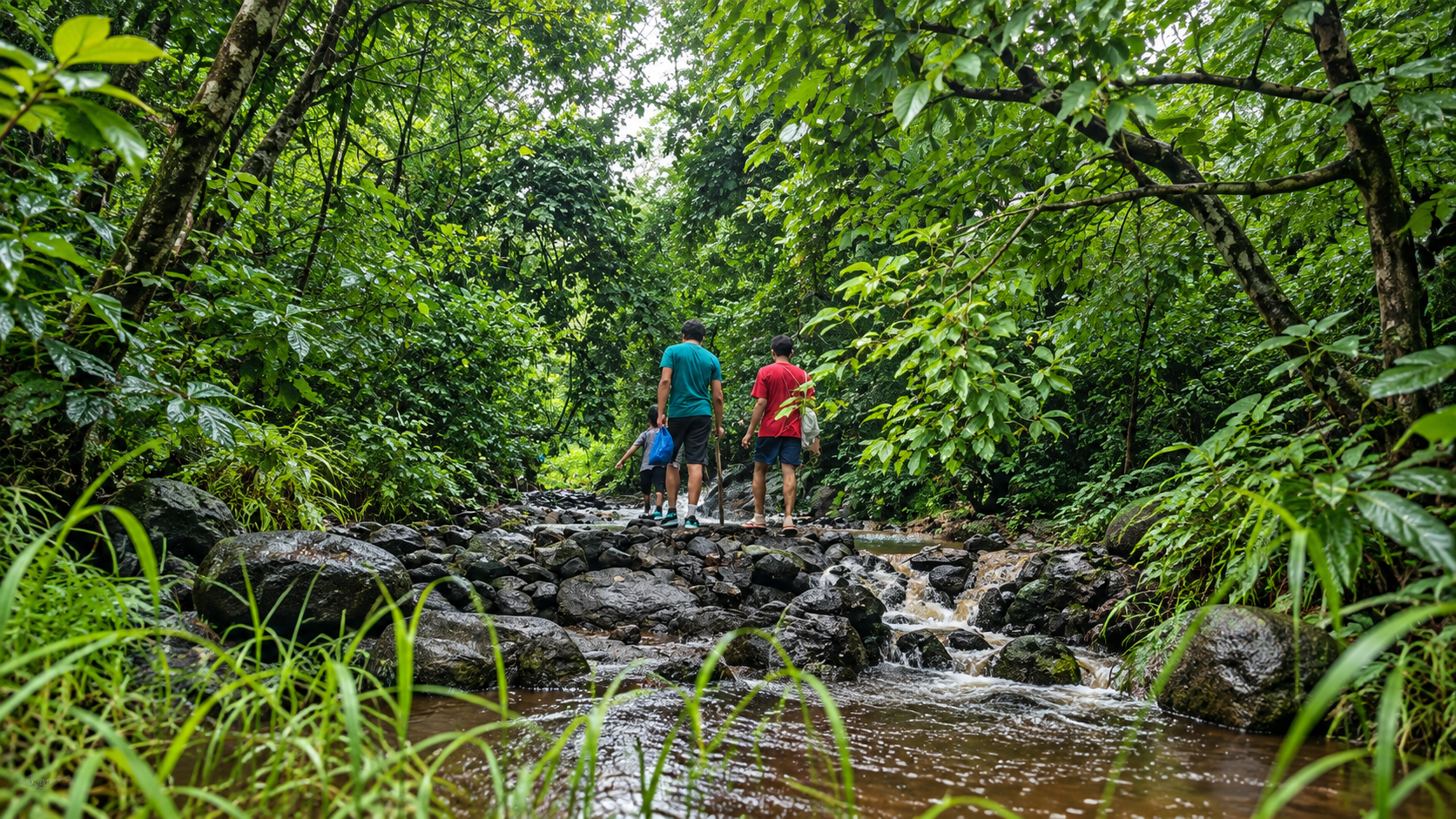 Guests walking through a forest stream trail