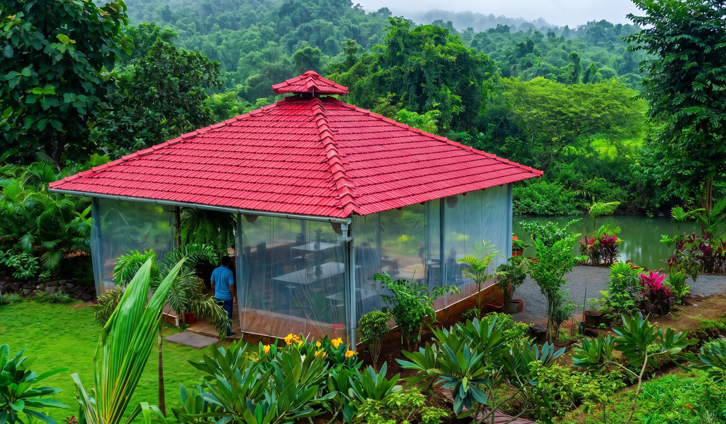 By the Bruk restaurant set among the gardens at Breathe Woods