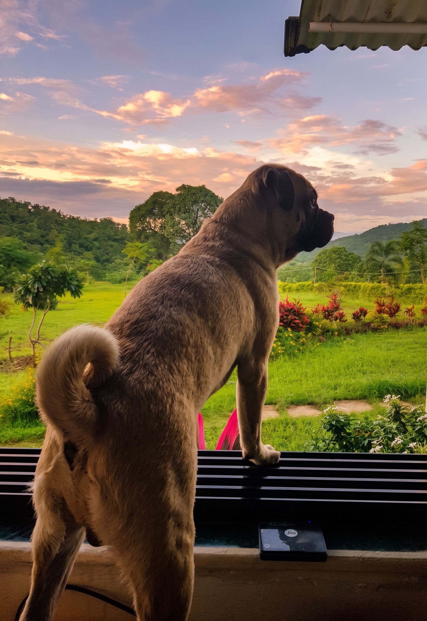 A dog looking out across the grounds at Breathe Woods