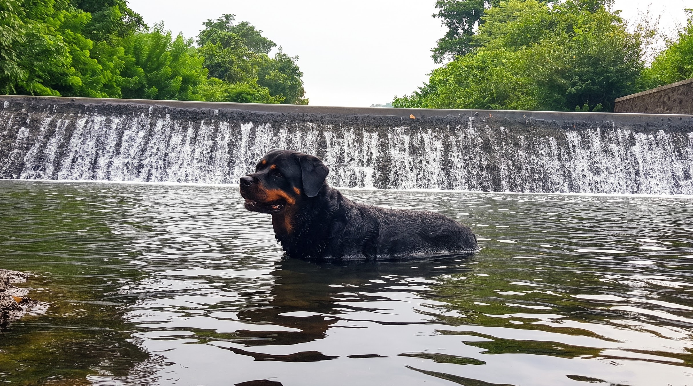 A dog enjoying the water at Breathe Woods