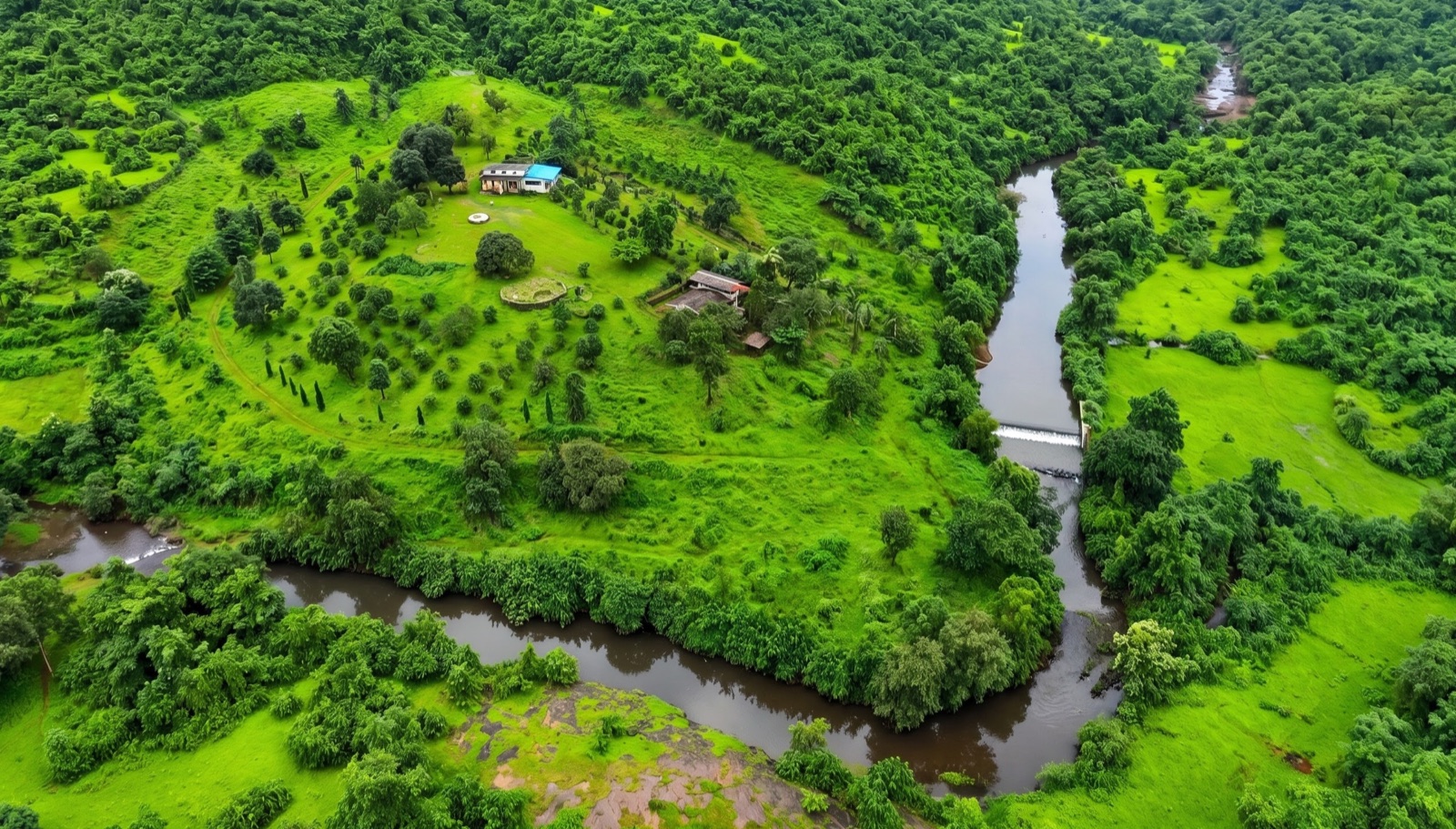 Aerial view of Breathe Woods, surrounded by water and forest