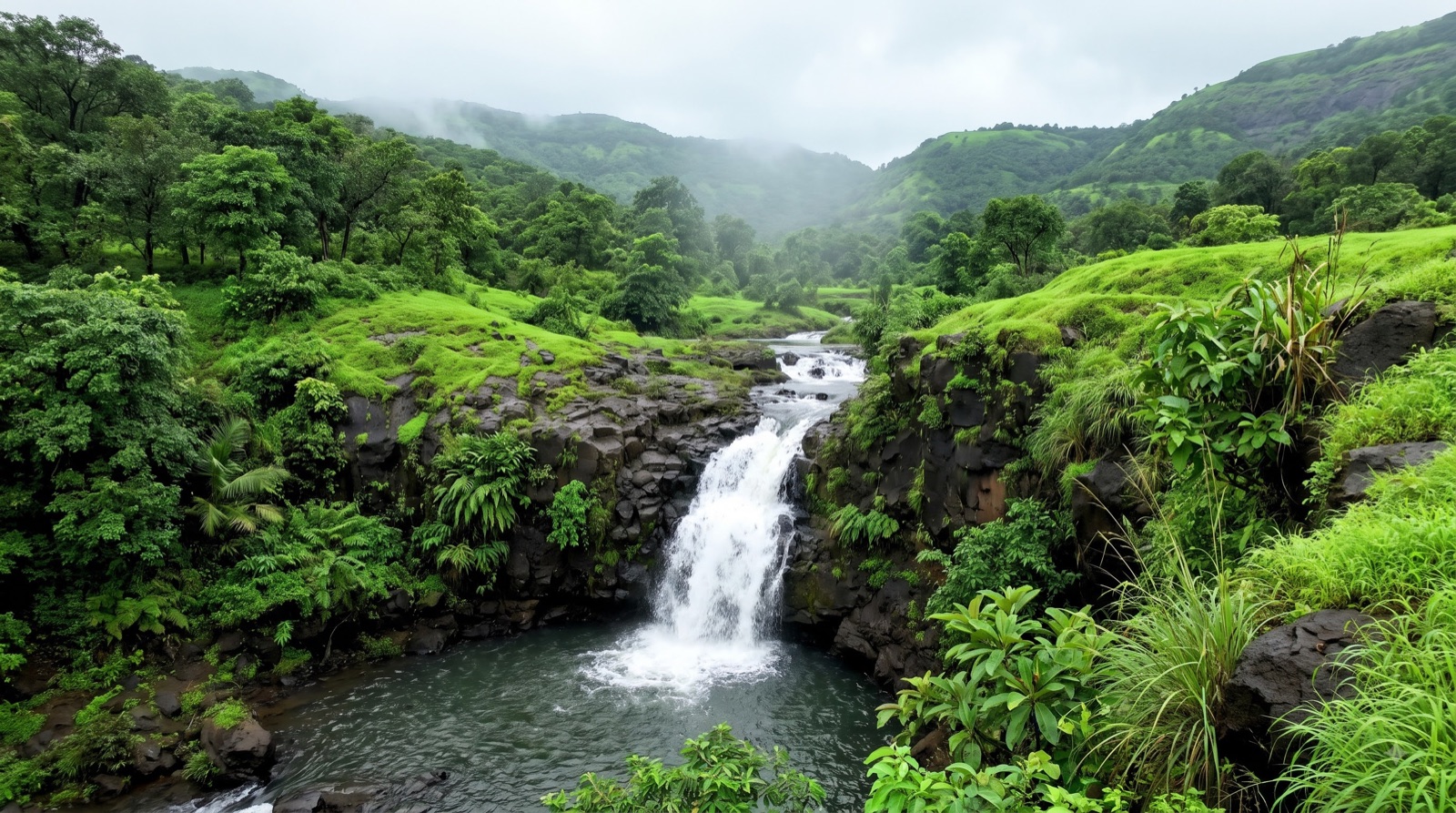 Waterfall flowing through the monsoon-green landscape near Breathe Woods